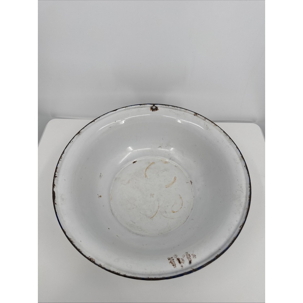 Vintage Enamel Ware WHITE Large‎ Deep BASIN 15" Wash Bowl 5+" Deep
